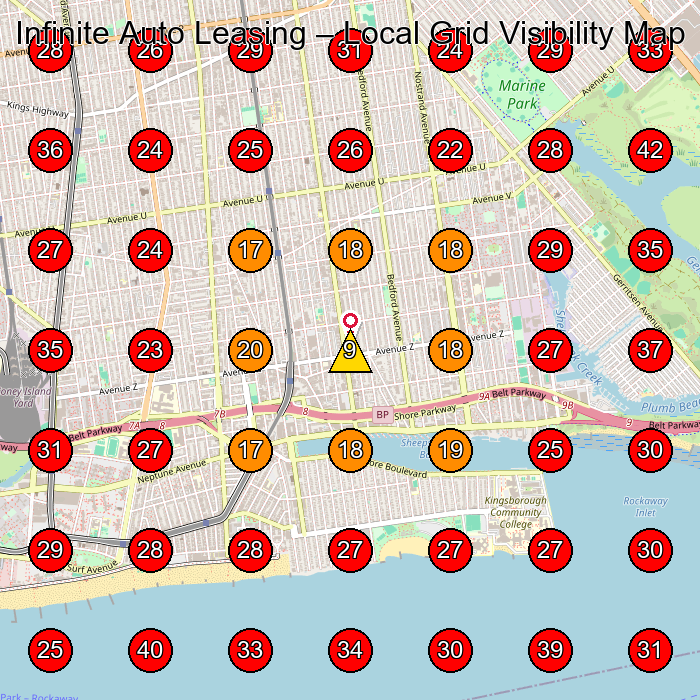 Infinite Auto Leasing GeoGrid visibility map for Car Leasing Service in Brooklyn